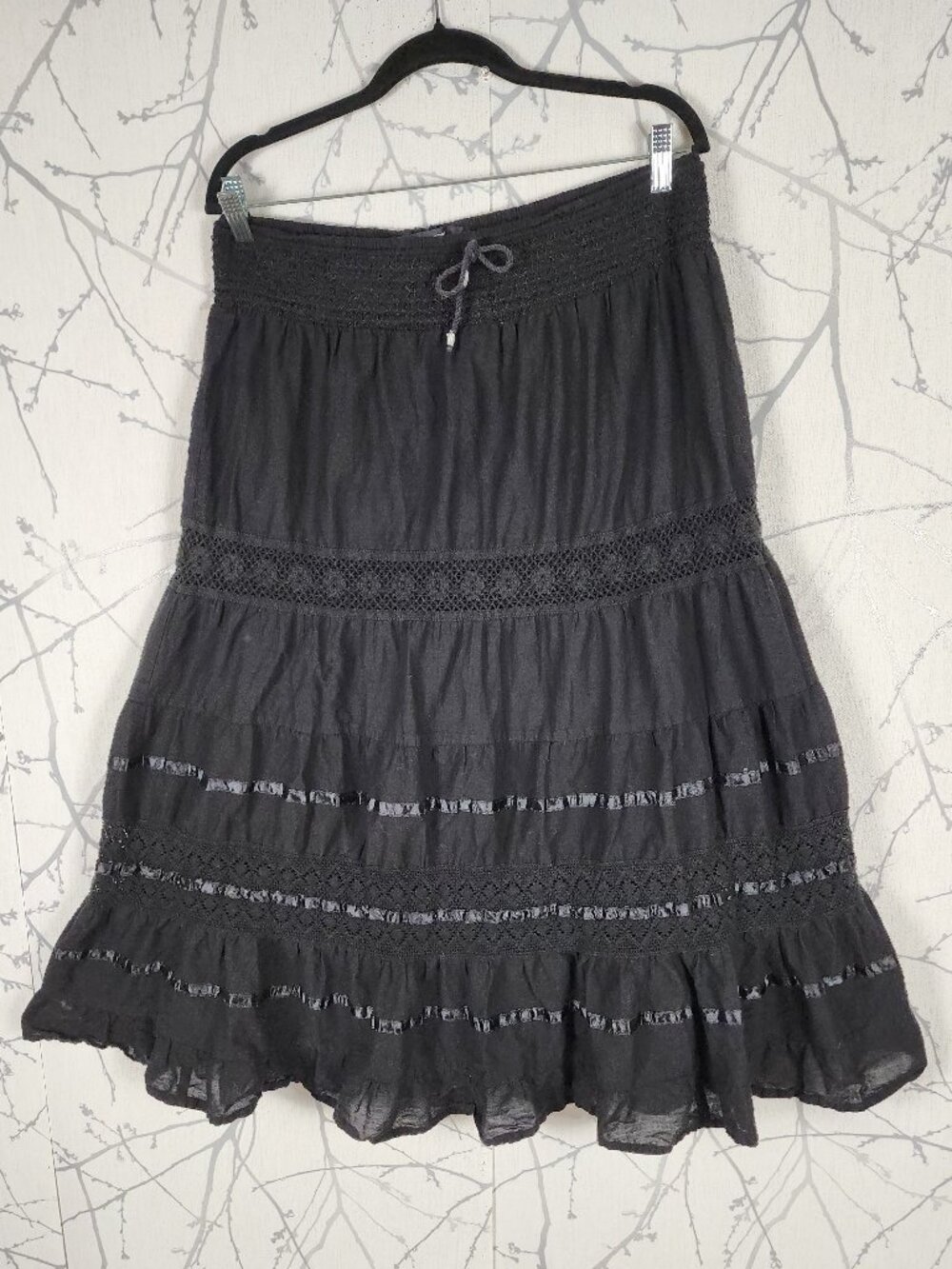 Coupe Black Cotton Lace Trim Flowy Tiered Maxi Skirt
